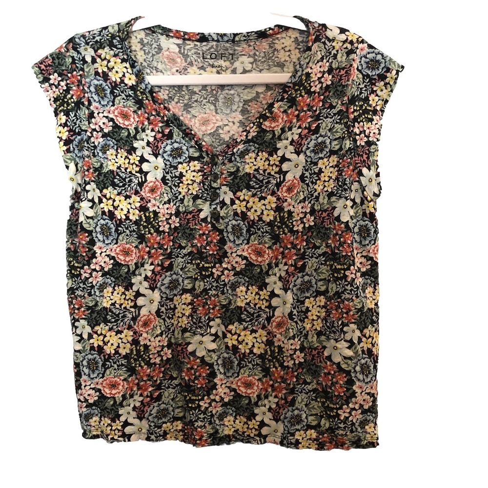 Loft Linen Blouse‎ Medium Multicolor Floral Cap Sleeve V-Neck Pullover Knit Top